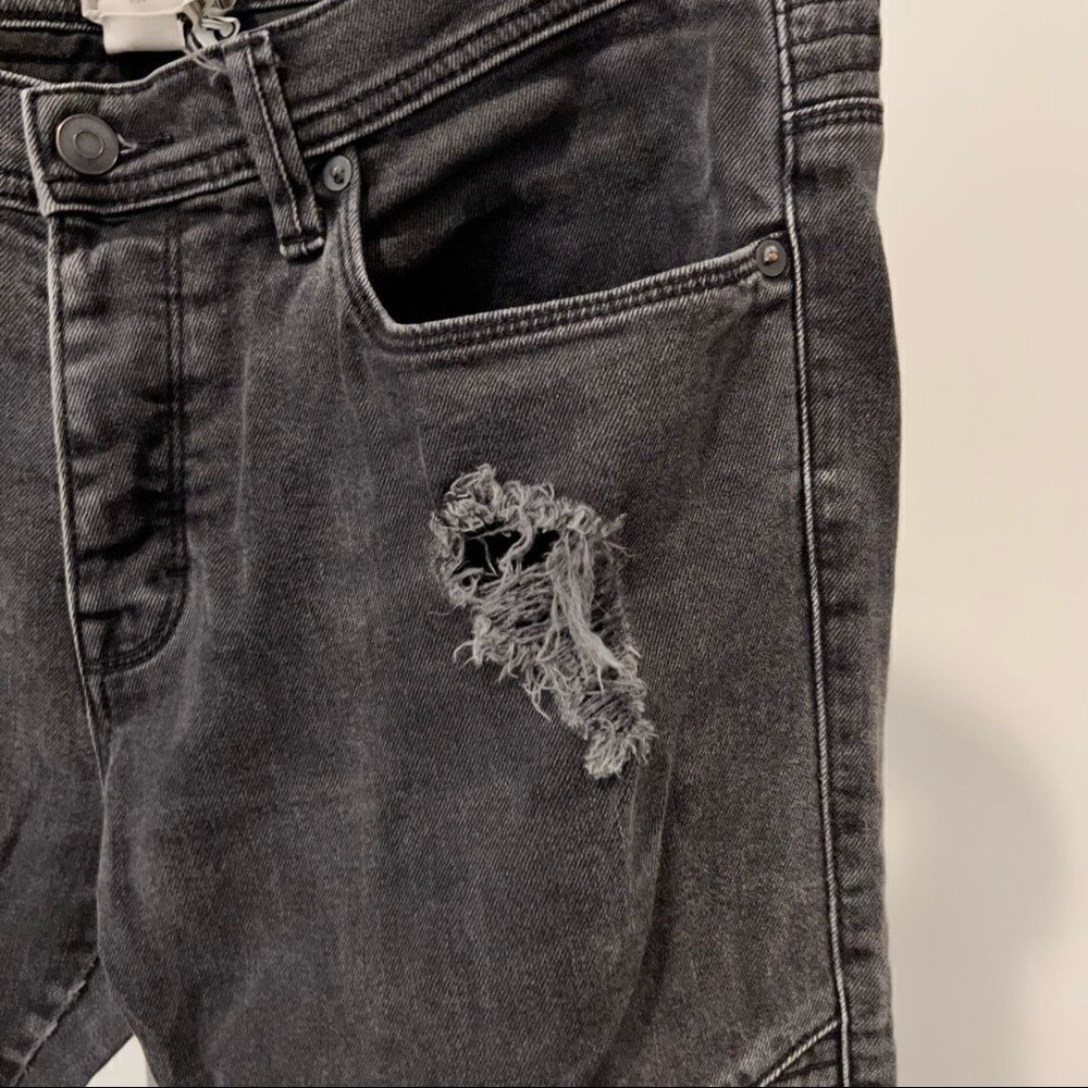 Gap + Stampd + GQ Size 33x30 Mens Black Moto Distressed Black Denim Jeans Button - Picture 5 of 9